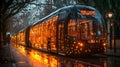 Illuminated bus, city street, night, rain, transit Royalty Free Stock Photo