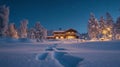 Illuminated Cabin in a Snowy Forest Under a Starry Night Sky Royalty Free Stock Photo