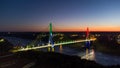 Illuminated cable-stayed bridge: Brazil-Paraguay Bridge at Night Royalty Free Stock Photo