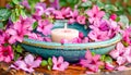 Illuminated Candle in Ceramic Bowl Surrounded by Pink Flowers. Celebration spring holiday Easter, Spring Equinox day, Ostara