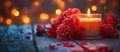 Illuminated Candle Among Red Carnations Royalty Free Stock Photo