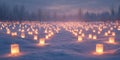 Illuminated candles scattered across a snowy field at twilight Royalty Free Stock Photo