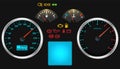 Illuminated car dashboard panel in full electric vehicle. Modern digital cluster with speedometer, odometer. Vector illustration