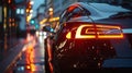 Illuminated Car Tail Lights on Rainy Evening Street