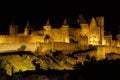 Illuminated Carcassonne castle at night, Carcassonne, France