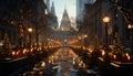Illuminated cathedral in winter, symbolizing spirituality and celebration generated by AI