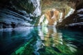 illuminated cave interior with crystal-clear water surface