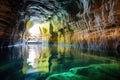 illuminated cave interior with crystal-clear water surface