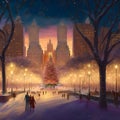 Illuminated central park at christmas night, many people around, christmas tree in the middle, neural network generated art