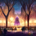 Illuminated central park at christmas night, many people around, christmas tree in the middle, neural network generated art