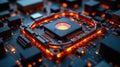 Illuminated central processing unit a close-up view of a high-tech microchip glowing with orange light on a complex circuit board Royalty Free Stock Photo
