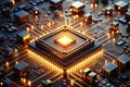 Illuminated central processing unit within a complex technological circuit board. Generative AI Royalty Free Stock Photo