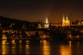 Illuminated Charles Bridge,Karluv most reflected in Vltava River. Evening panorama of Prague, Czech Republic. Long exposure city Royalty Free Stock Photo