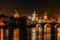 Illuminated Charles Bridge,Karluv most reflected in Vltava River. Evening panorama of Prague, Czech Republic. Long exposure city Royalty Free Stock Photo