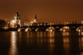 Illuminated Charles Bridge,Karluv most, reflected in Vltava River. Evening panorama of Prague, Czech Republic. Long exposure city Royalty Free Stock Photo