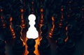 Illuminated chess pawn among black pawns . Leadership concept. 3d rendering Royalty Free Stock Photo