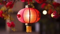 Illuminated Chinese lantern hanging on tree branch generated by AI