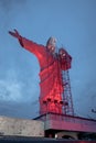 Illuminated Christ Statue at Cristo Luz Complex with repairs taking place - Balneario Camboriu, Santa Catarina, Brazil