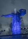 Illuminated Christ Statue at Cristo Luz Complex with repairs taking place - Balneario Camboriu, Santa Catarina, Brazil