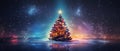 Illuminated Christmas tree with baubles on the snow reflected on a lake and a sky full of shiny stars at night Royalty Free Stock Photo
