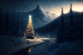 Illuminated Christmas tree in an enchanted romantic winter landscape