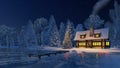Illuminated christmas tree and rustic house at night Royalty Free Stock Photo
