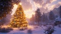 Illuminated Christmas tree in snowy mountain sunset Royalty Free Stock Photo
