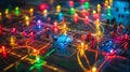 Illuminated circuit board with colorful lights and components suggesting technology and connectivity