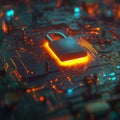 "Illuminated Circuit Board with Metallic Padlock: A Fusion of Technology"