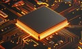 Illuminated circuitry on a central processor shows glowing orange paths on dark background. Technology is at the core Royalty Free Stock Photo