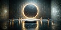Illuminated circular backdrop with modern display platform and decorative vessels. Generative AI Royalty Free Stock Photo