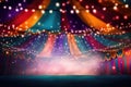 Illuminated circus tent with stage lights and spotlights, 3d render, Colorful multi colored circus tent background and twinkling Royalty Free Stock Photo