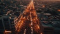 Illuminated city skyline, traffic jam, old bridge generated by AI