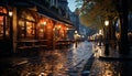 Illuminated city street, dusk, old building, wet cobblestone generated by AI Royalty Free Stock Photo