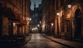 Illuminated city street showcases old, gothic building exteriors at twilight generated by AI