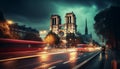 Illuminated cityscape, blurred motion, famous travel destination generated by AI