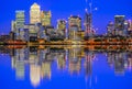 Illuminated cityscape in Canary Wharf, a major business district Royalty Free Stock Photo