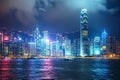Illuminated Cityscape: A Nighttime View of Tall Buildings, Hong Kong\'s skyline