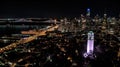Illuminated cityscape view of Coit Tower and St. Peter and Paul church at night Royalty Free Stock Photo