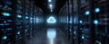 The illuminated cloud symbol in a futuristic server room environment AI generated image Royalty Free Stock Photo