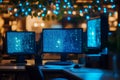 Illuminated code on computer screens in an office setting, blurred background for development theme Royalty Free Stock Photo