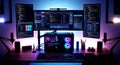 Illuminated coding setup with triple monitors, gaming PC, and st Royalty Free Stock Photo