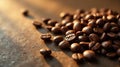 Illuminated coffee beans scattered on rustic surface a close-up view of roasted coffee beans in golden light. Generative AI Royalty Free Stock Photo