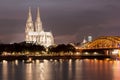 Illuminated Cologne Cathedral at night in Cologne