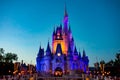 Illuminated and colorful Cinderella`s Castle at Magic Kingdom in Walt Disney World area.