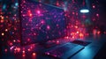 Illuminated computer screen displays a network map