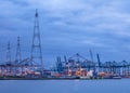 Illuminated container terminal at twilight, Port of Antwerp