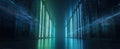 The illuminated corridor of a futuristic data center serving digital technology. AI generated image Royalty Free Stock Photo