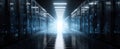 The illuminated corridor of a futuristic data server room. AI generated image Royalty Free Stock Photo
