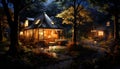 An illuminated cottage in the dark forest, surrounded by nature generated by AI